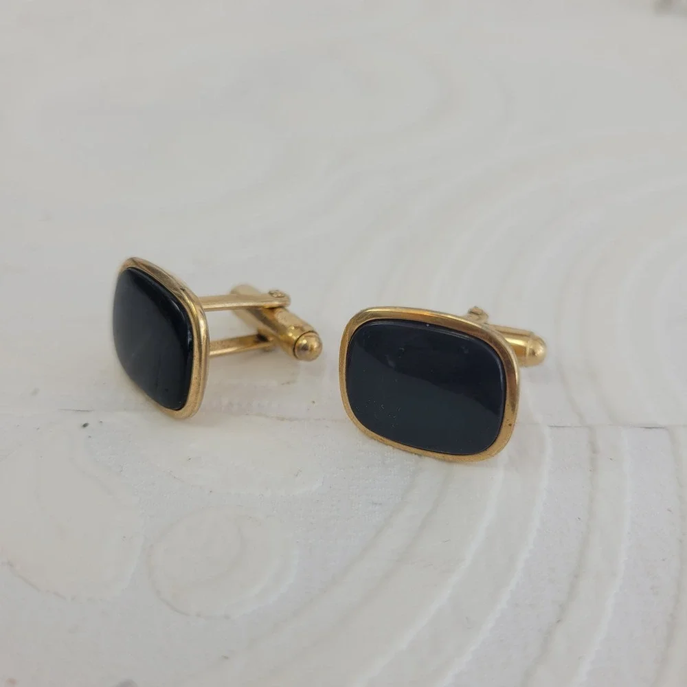 Anson Vintage Mens‎ Gold Tone Black Onyx Style Cushion Toggle Back Cufflinks